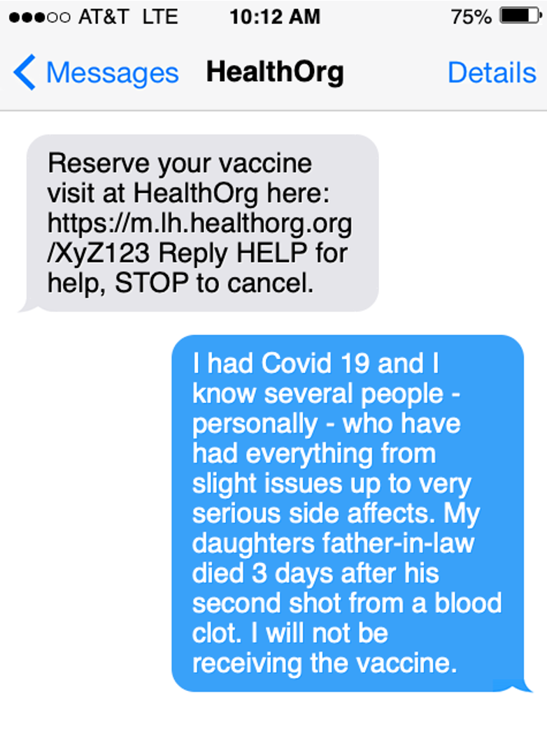 Screenshot of text message from user unwilling to receive vaccination: "My relative died 3 days after receiving the covid vaccine"